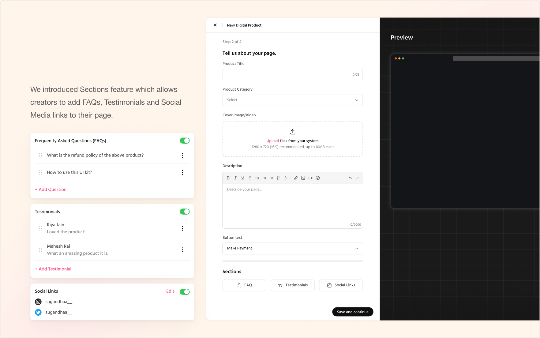 Introduced a Sections feature for FAQs, testimonials and social links