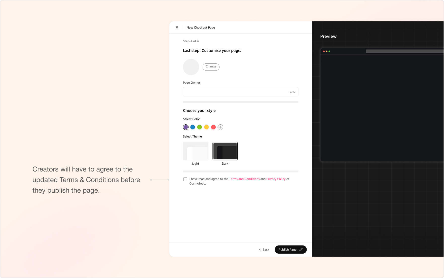 Creators must now agree to the updated Terms & Conditions before publishing a page
