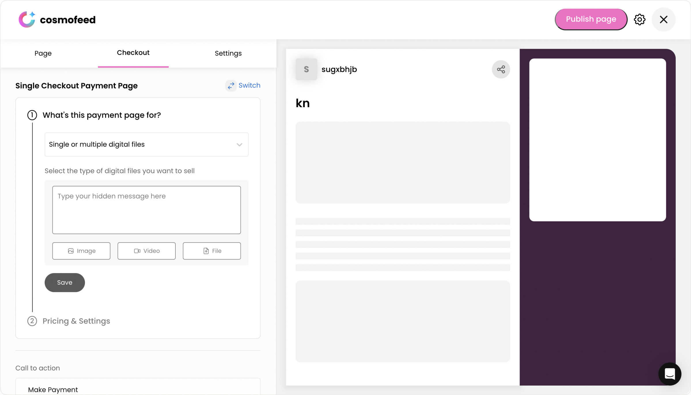 The Payment Pages single-checkout builder with a live page preview
