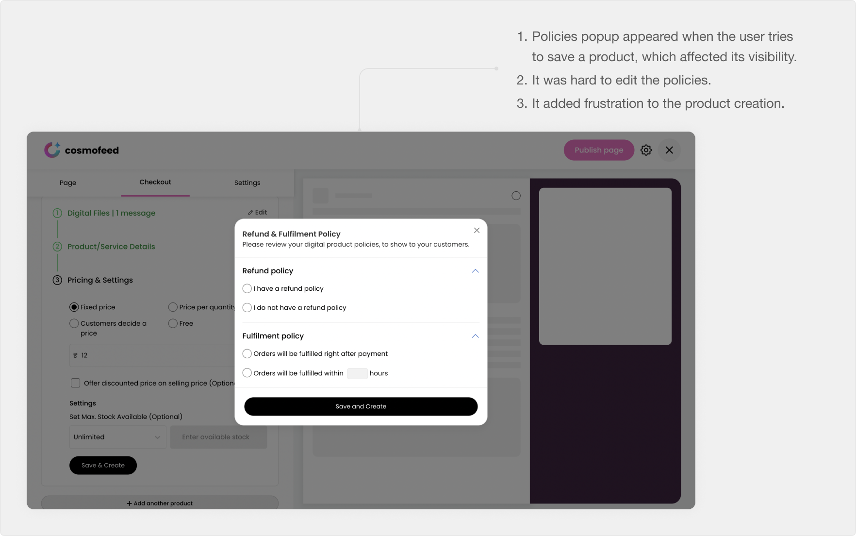 Before: the product-policy popup had low visibility and was hard to edit