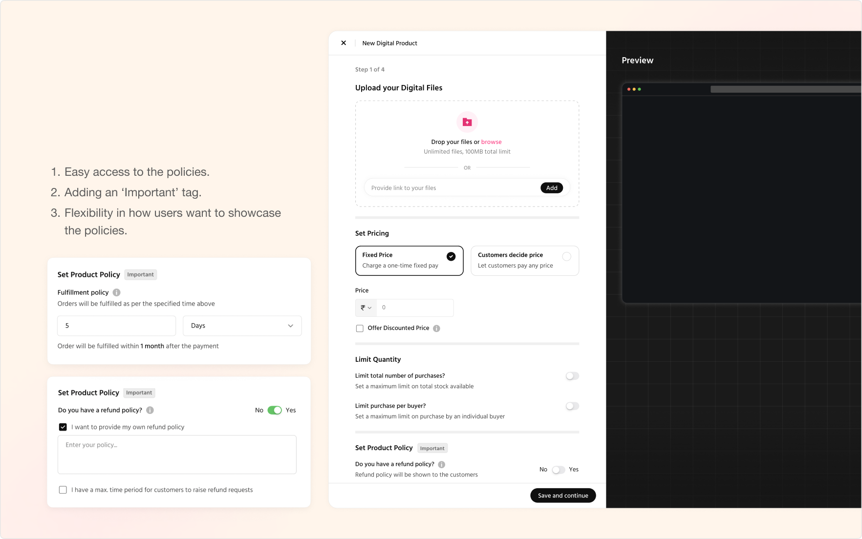 After: product policies given easy access and an 'Important' tag