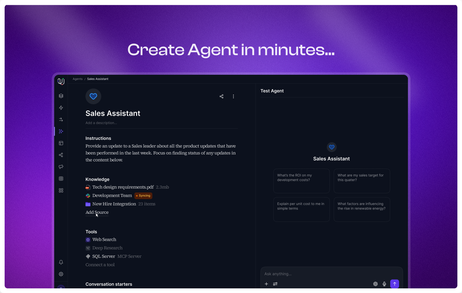 Create Agent in minutes — the AI Agents product
