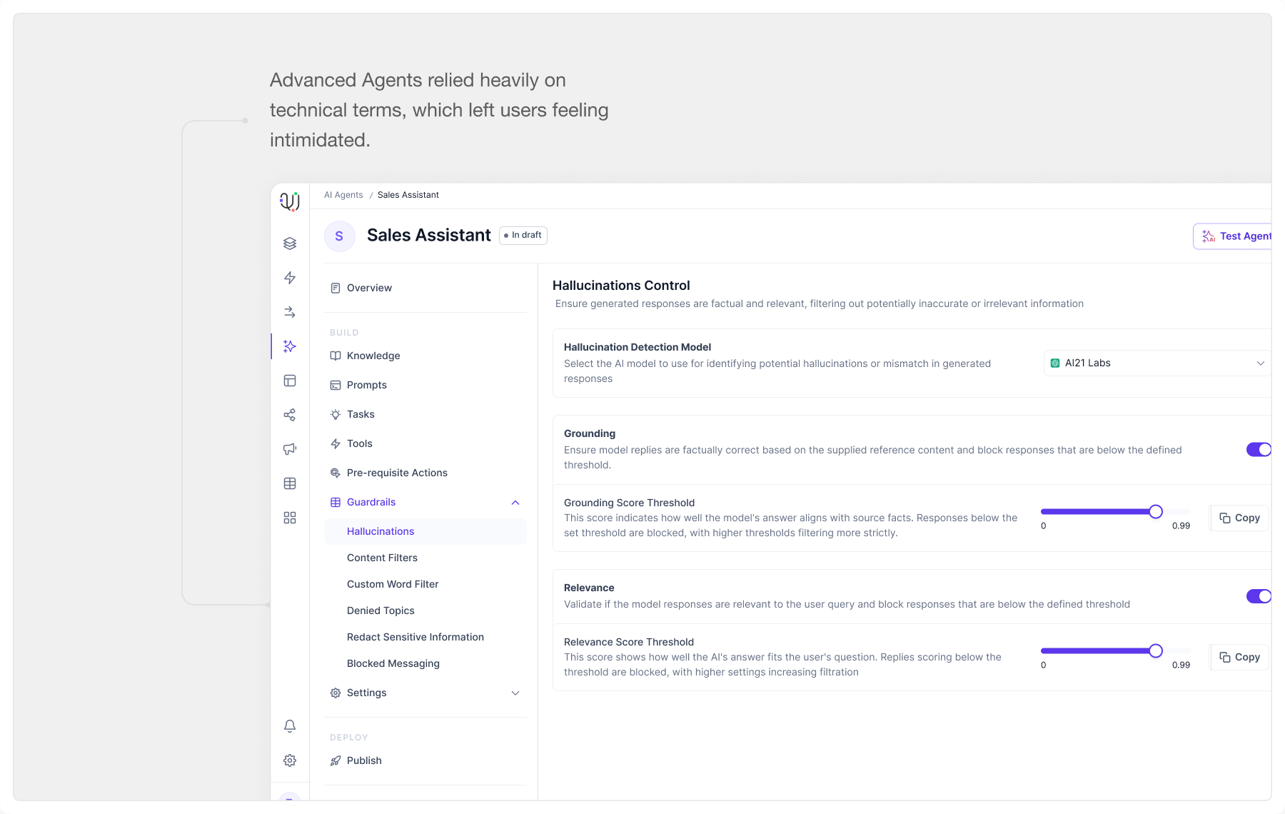 Advanced Agents' jargon-heavy hallucination control settings