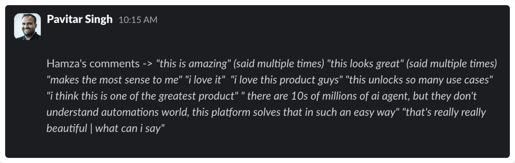 A glowing testimonial message about Simple Agents