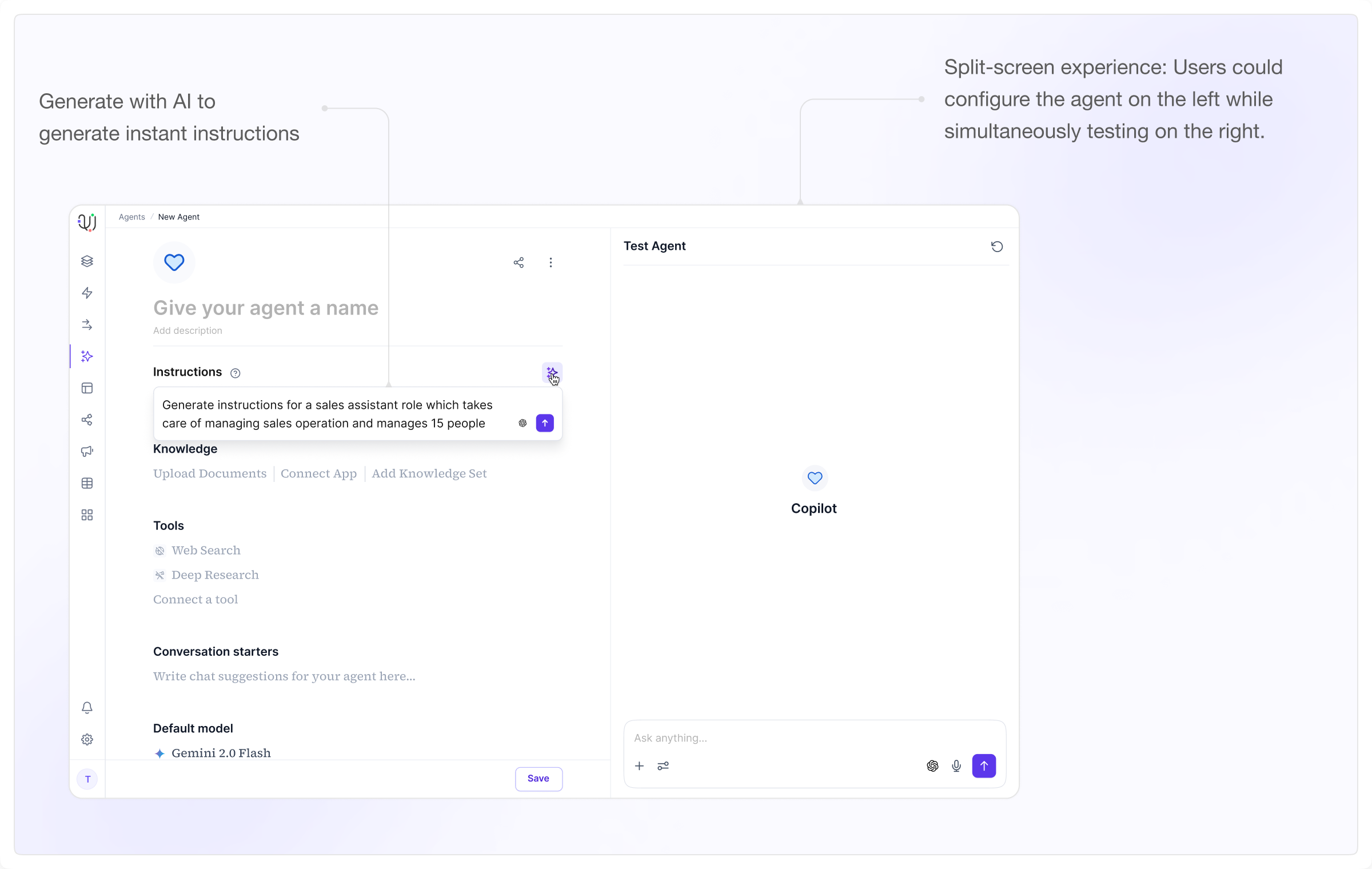Split-screen experience: configure the agent on the left while testing on the right