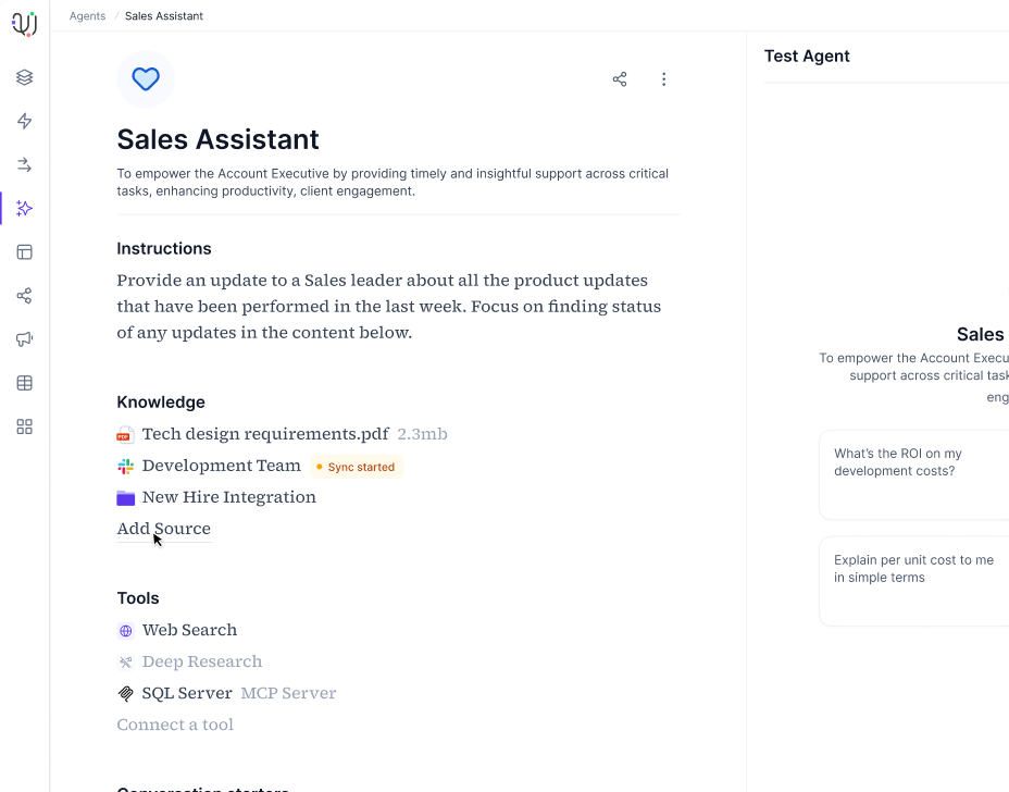 AI agent setup interface