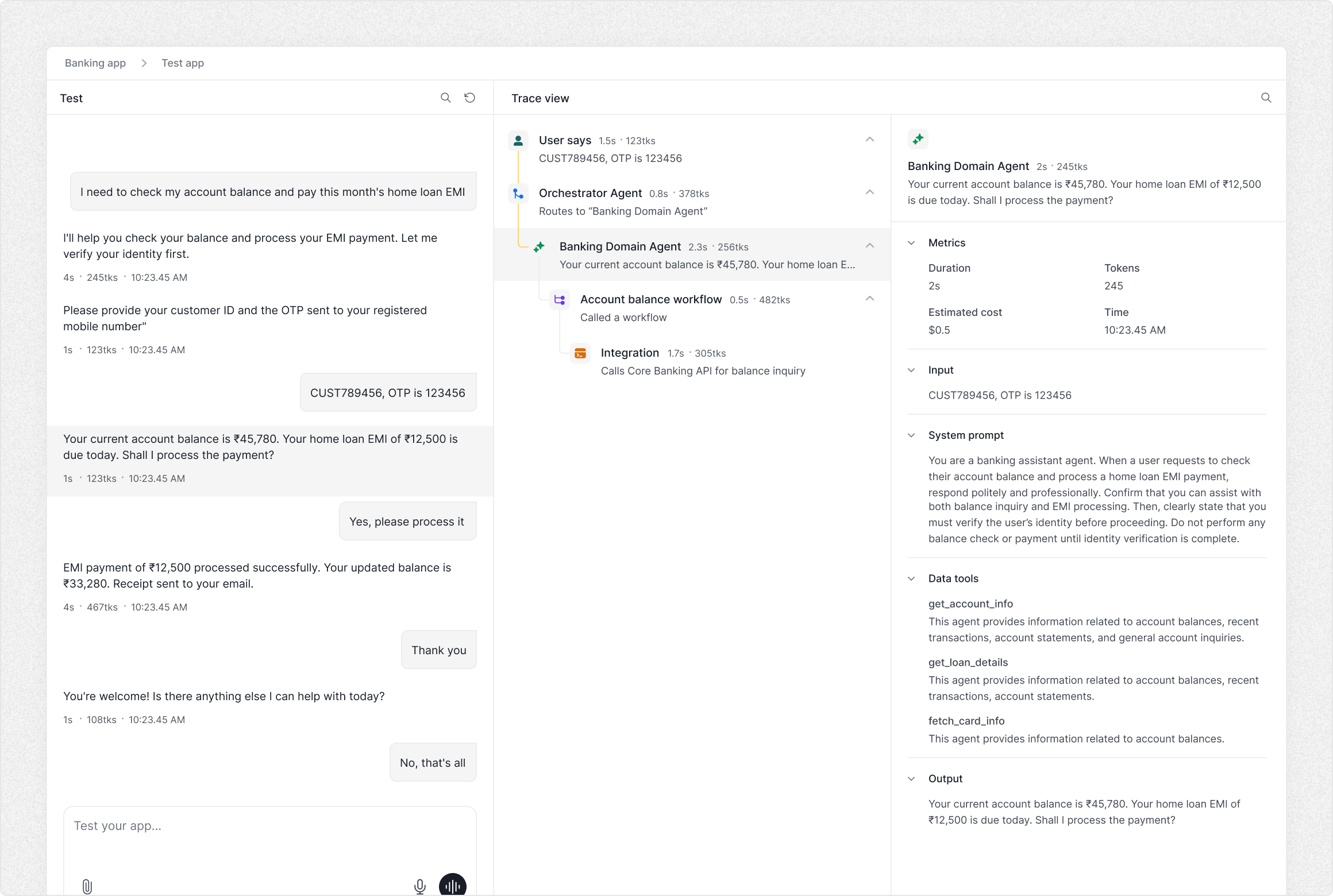 Banking assistant chat with agent trace view