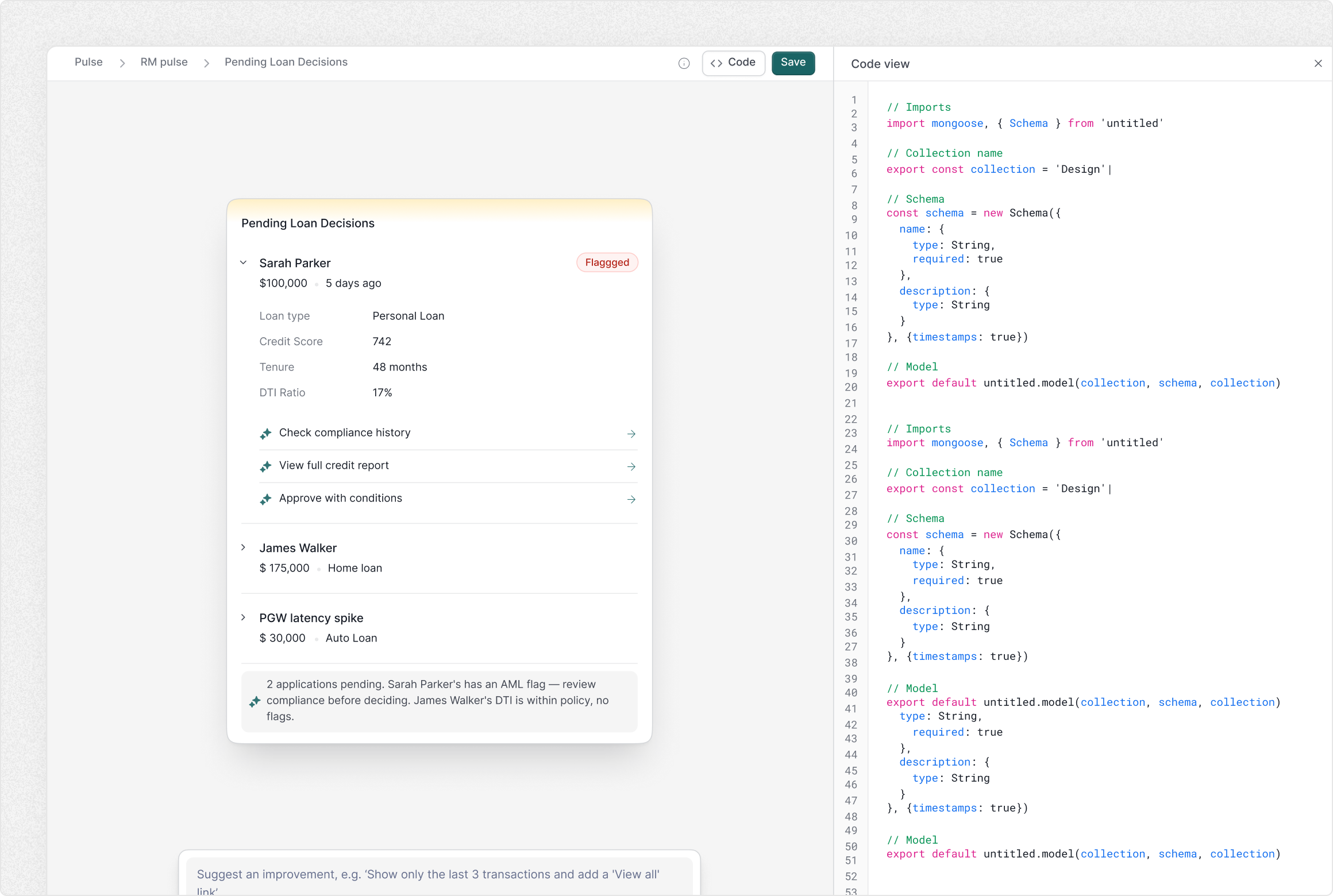 AI-generated UI review with code view